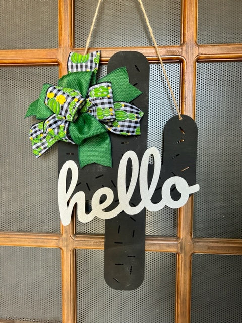 18" Hello Cactus Black and White Door Sign, Realtor Closing Gift, Welcome Sign, Door Sign.
