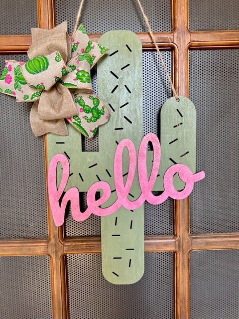 18" Hello Cactus Door Hanger, Welcome Sign, Realtor gift, Closing Gift, Handmade, Laser Cut Door Sign