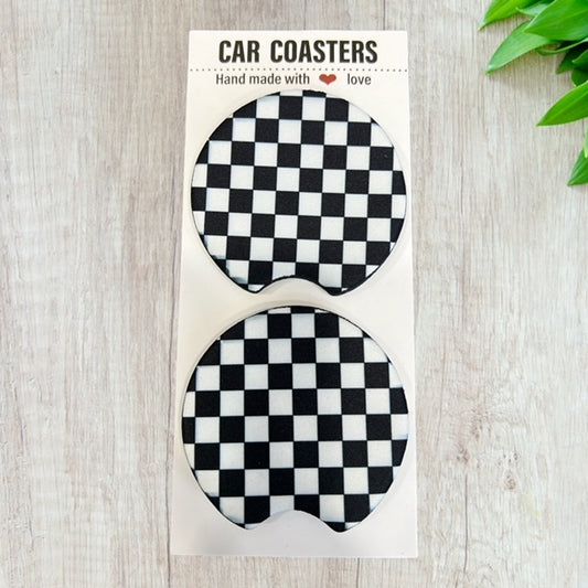 Black and White Checkered Coaster Set | New Car Gift | Coworker Gift | Cute Car Accessory | Cup Holder Coaster | Fun Car Gift