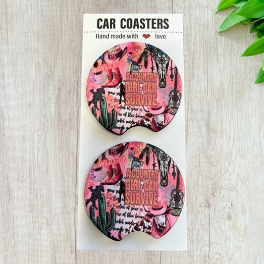 Country Girl Car Coaster Set | New Car Gift | Coworker Gift | Cute Car Accessory | Cup Holder Coaster | Fun Car Gift