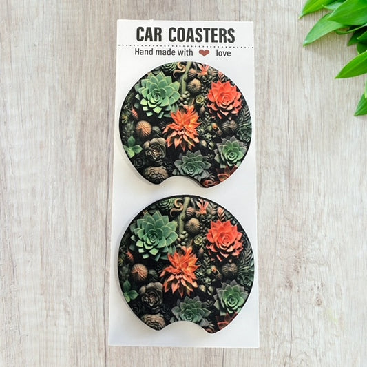 Succulent Car Coaster Set | New Car Gift | Coworker Gift | Cute Car Accessory | Cup Holder Coaster | Fun Car Gift