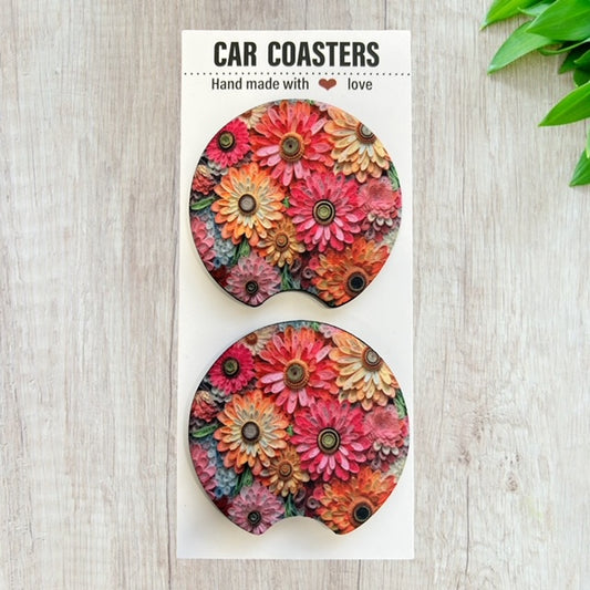Colorful Daisey Car Coaster Set | New Car Gift | Coworker Gift | Cute Car Accessory | Cup Holder Coaster | Fun Car Gift