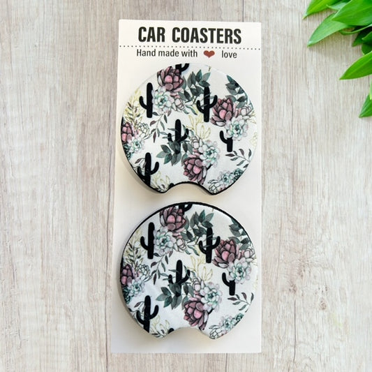 Cactus Car Coaster Set | New Car Gift | Coworker Gift | Cute Car Accessory | Cup Holder Coaster | Fun Car Gift
