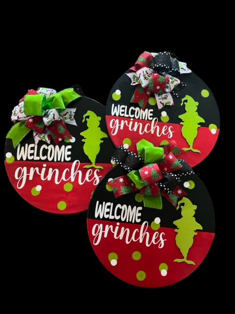 Grinch 18" Hand Painted/Laser cut door sign, Welcome sign, Christmas sign.