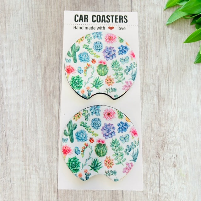 Pastel Succulent Coaster Set | New Car Gift | Coworker Gift | Cute Car Accessory | Cup Holder Coaster | Fun Car Gift