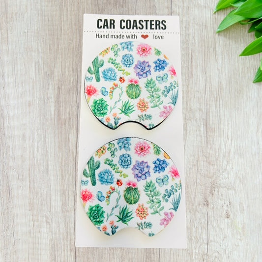 Pastel Succulent Coaster Set | New Car Gift | Coworker Gift | Cute Car Accessory | Cup Holder Coaster | Fun Car Gift